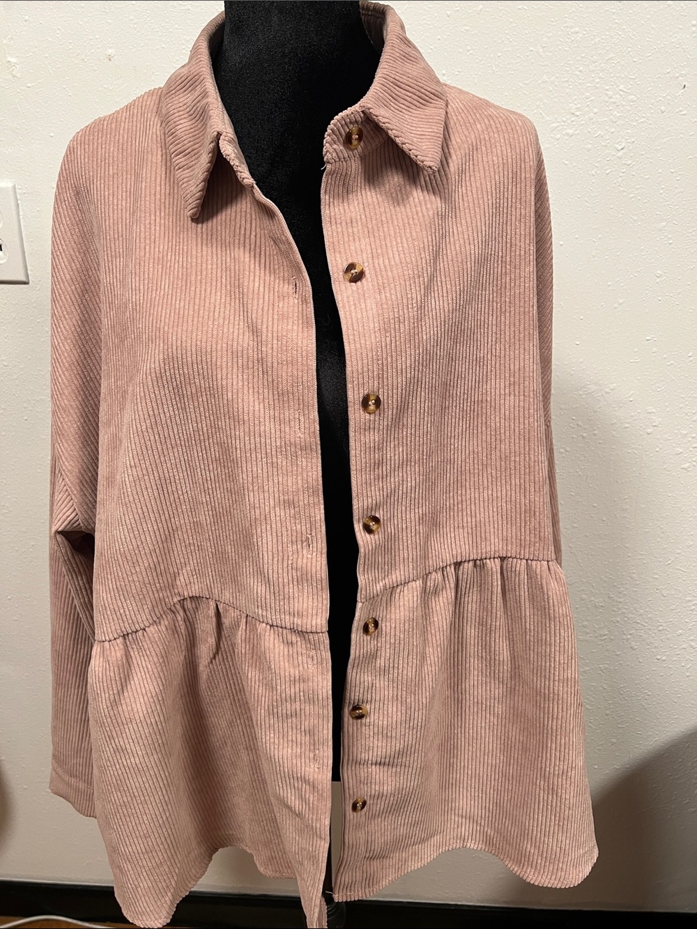 Relaxed Blush Pink Corduroy Button-Front Blouse